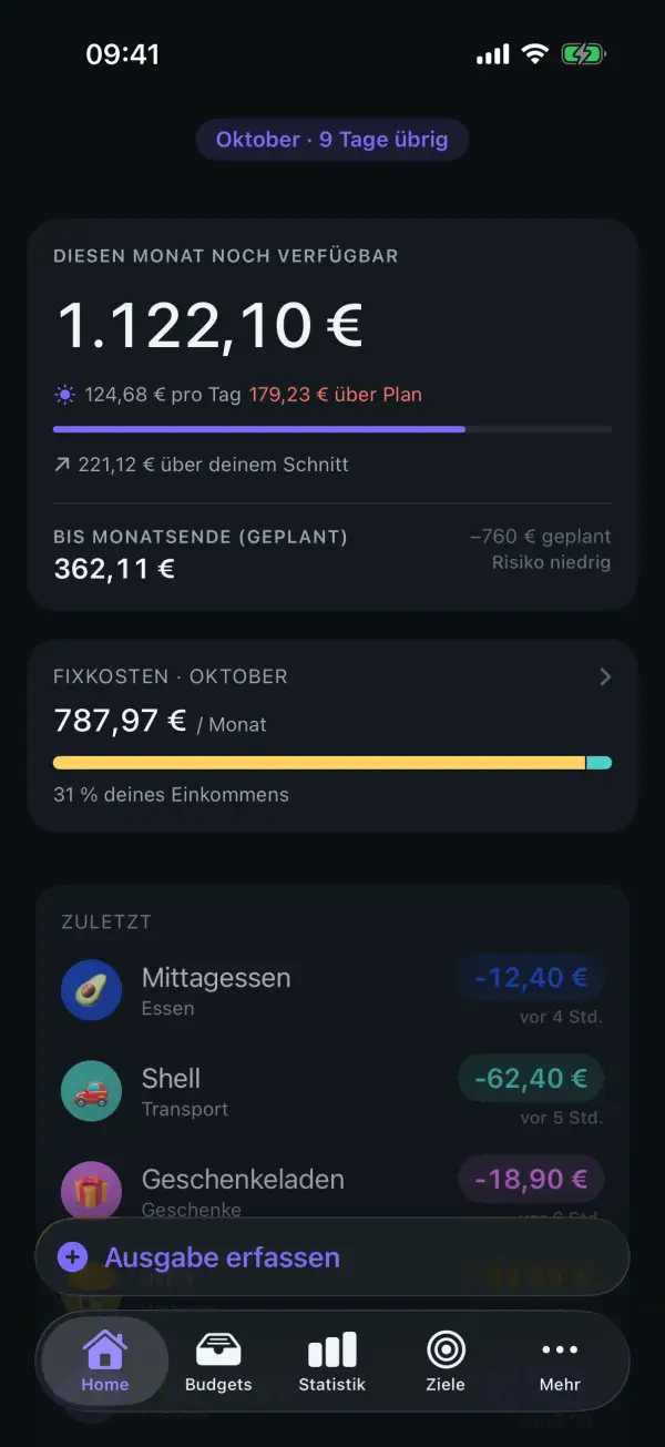 Start-Bildschirm von Spendra mit sicher ausgebbarem Betrag und Budget des Monats