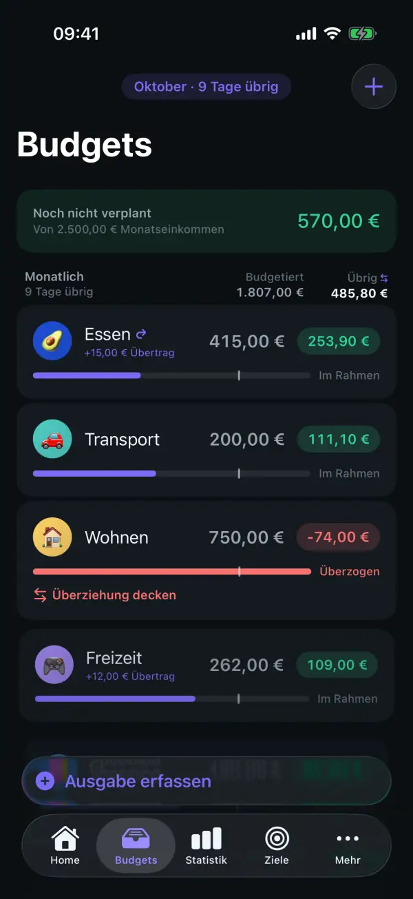 Budgets je Kategorie mit Budget, Übertrag und Restbetrag