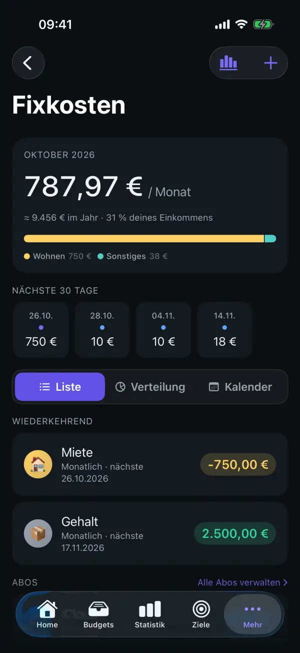Fixkosten mit Monatssumme und nächsten Abbuchungen