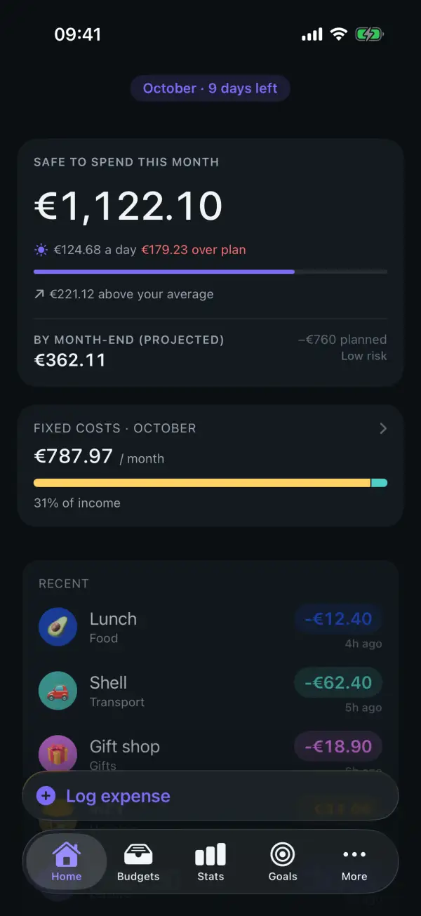 Spendra home screen showing the safe-to-spend amount and the monthly budget