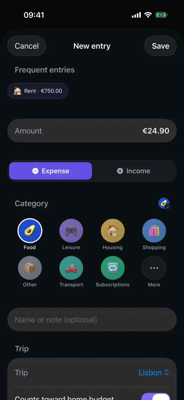 New transaction with amount, expense or income and categories